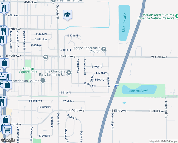 map of restaurants, bars, coffee shops, grocery stores, and more near 1220 East 50th Place in Gary