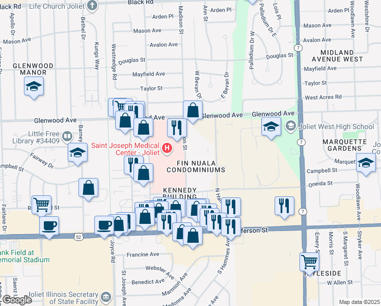 map of restaurants, bars, coffee shops, grocery stores, and more near 222 Madison Street in Joliet