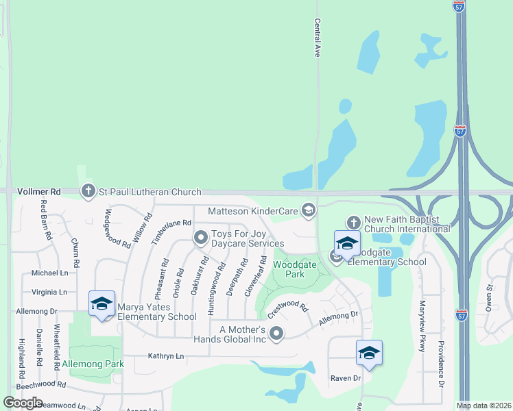map of restaurants, bars, coffee shops, grocery stores, and more near 5742 Woodgate Drive in Matteson