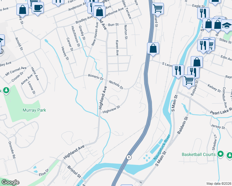 map of restaurants, bars, coffee shops, grocery stores, and more near 5 Katie Lane in Waterbury