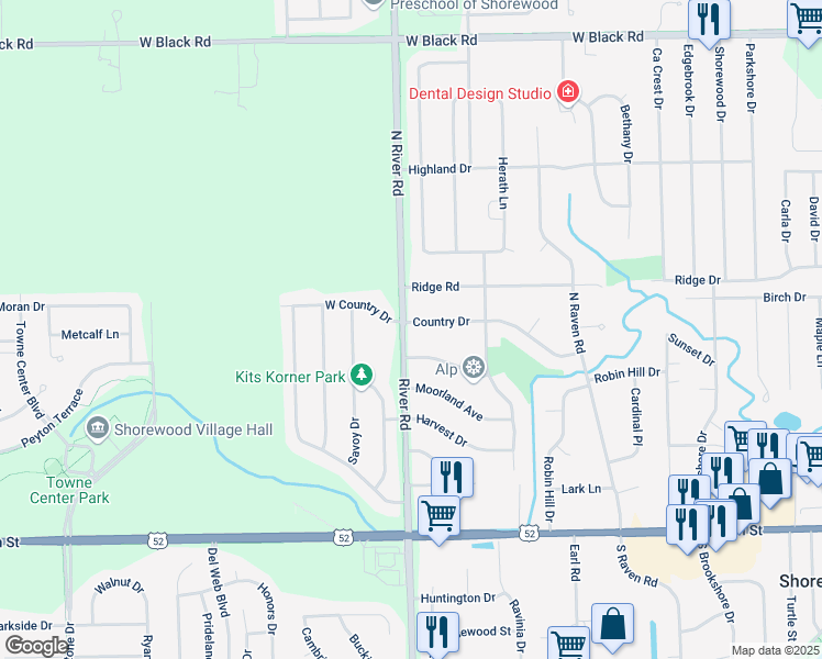 map of restaurants, bars, coffee shops, grocery stores, and more near 1119 Country Drive in Shorewood