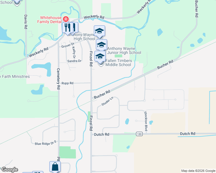 map of restaurants, bars, coffee shops, grocery stores, and more near 9854 Bucher Road in Whitehouse