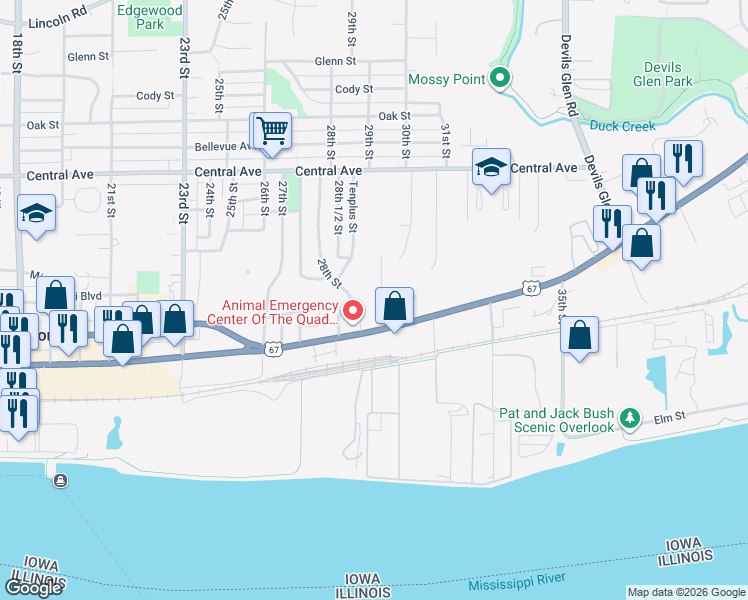 map of restaurants, bars, coffee shops, grocery stores, and more near 516 29th Street in Bettendorf