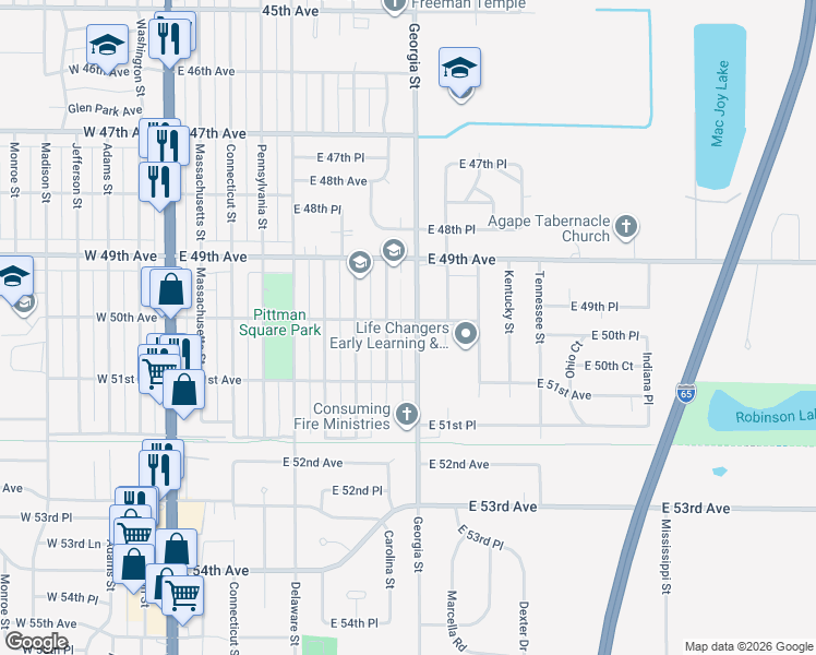 map of restaurants, bars, coffee shops, grocery stores, and more near 5000 Georgia Street in Gary
