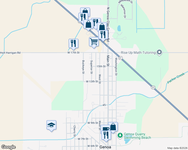 map of restaurants, bars, coffee shops, grocery stores, and more near 1313 Superior Street in Genoa