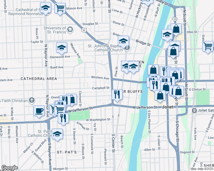 map of restaurants, bars, coffee shops, grocery stores, and more near 407 Campbell Street in Joliet