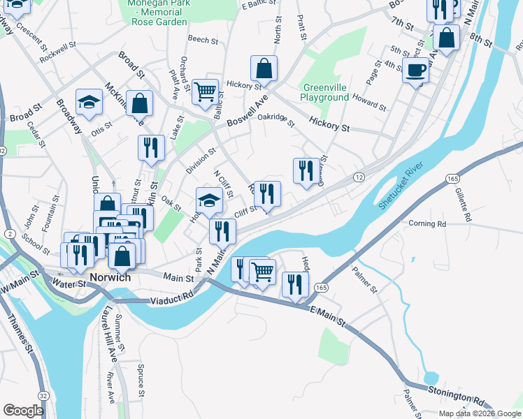 map of restaurants, bars, coffee shops, grocery stores, and more near 130 North Main Street in Norwich