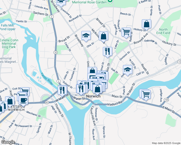 map of restaurants, bars, coffee shops, grocery stores, and more near 47 Union Street in Norwich