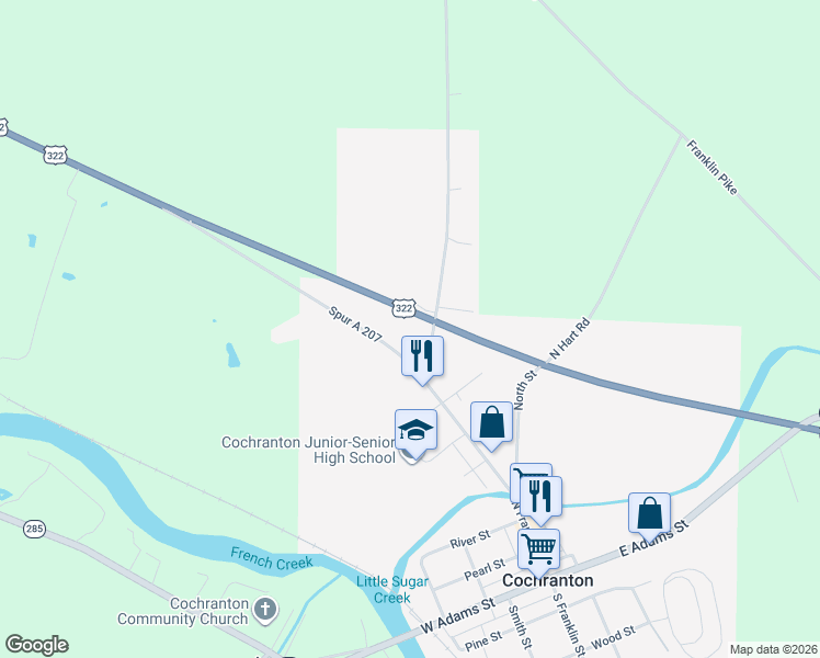 map of restaurants, bars, coffee shops, grocery stores, and more near Twenty-Eighth Division Highway in Cochranton