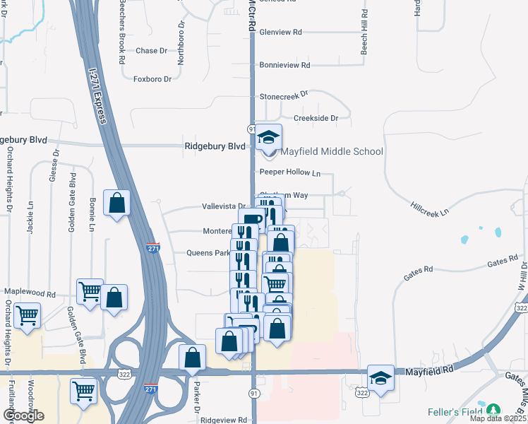 map of restaurants, bars, coffee shops, grocery stores, and more near 1219 Som Center Road in Mayfield Heights