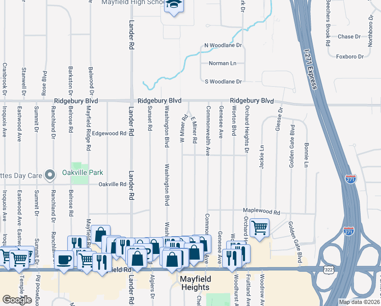 map of restaurants, bars, coffee shops, grocery stores, and more near 1215 West Miner Road in Mayfield Heights