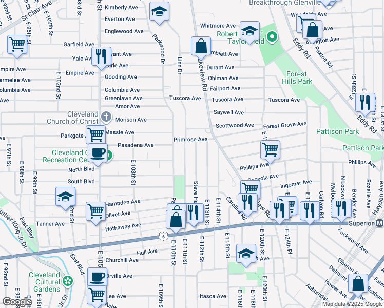 map of restaurants, bars, coffee shops, grocery stores, and more near 1112 Steve Harvey Way in Cleveland