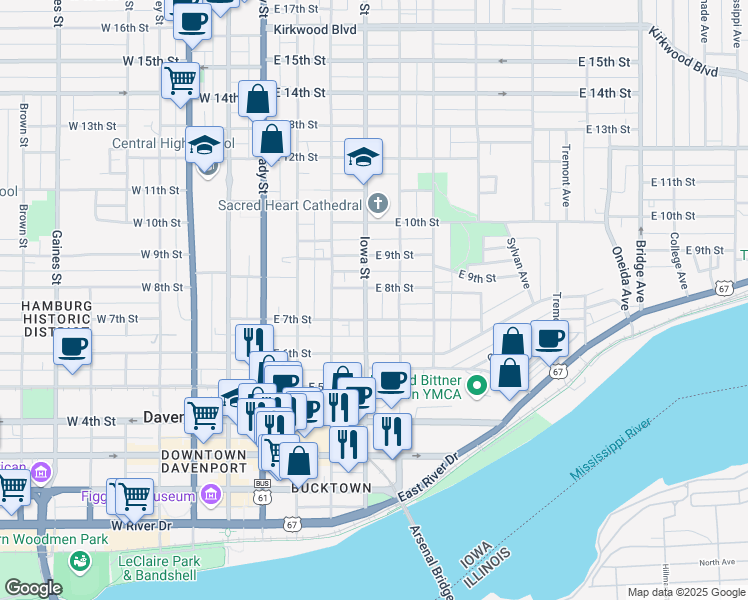 map of restaurants, bars, coffee shops, grocery stores, and more near 721 1/2 Iowa Street in Davenport