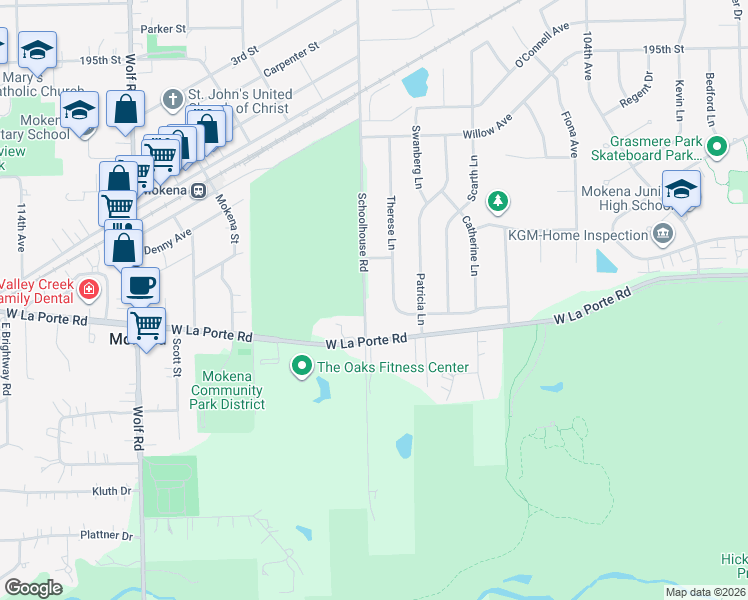 map of restaurants, bars, coffee shops, grocery stores, and more near 19941 South Schoolhouse Road in Mokena
