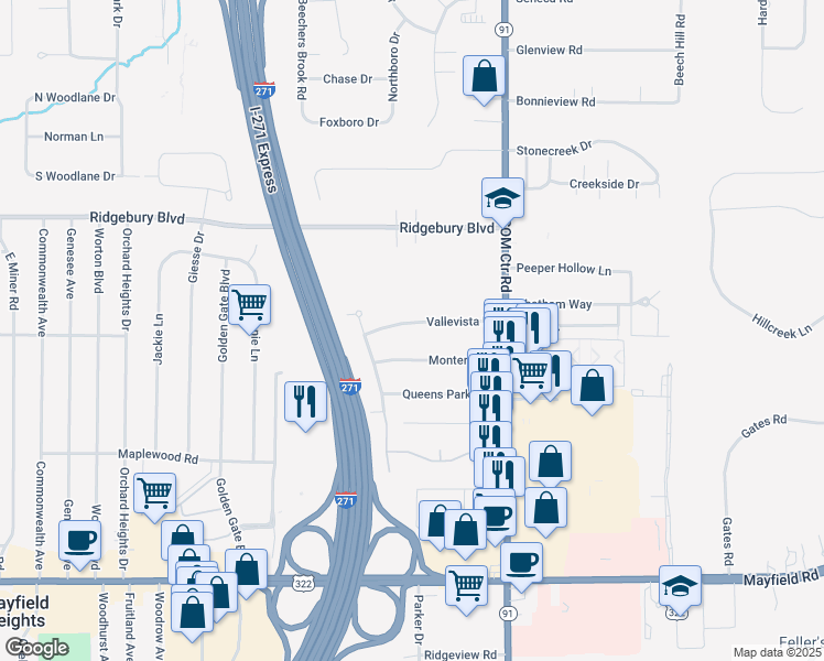 map of restaurants, bars, coffee shops, grocery stores, and more near 6578 Vallevista Drive in Mayfield Heights
