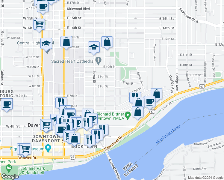 map of restaurants, bars, coffee shops, grocery stores, and more near 720 Farnam Street in Davenport