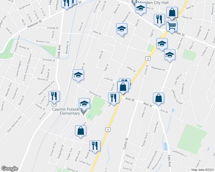 map of restaurants, bars, coffee shops, grocery stores, and more near 38 Galoppi Road in Meriden