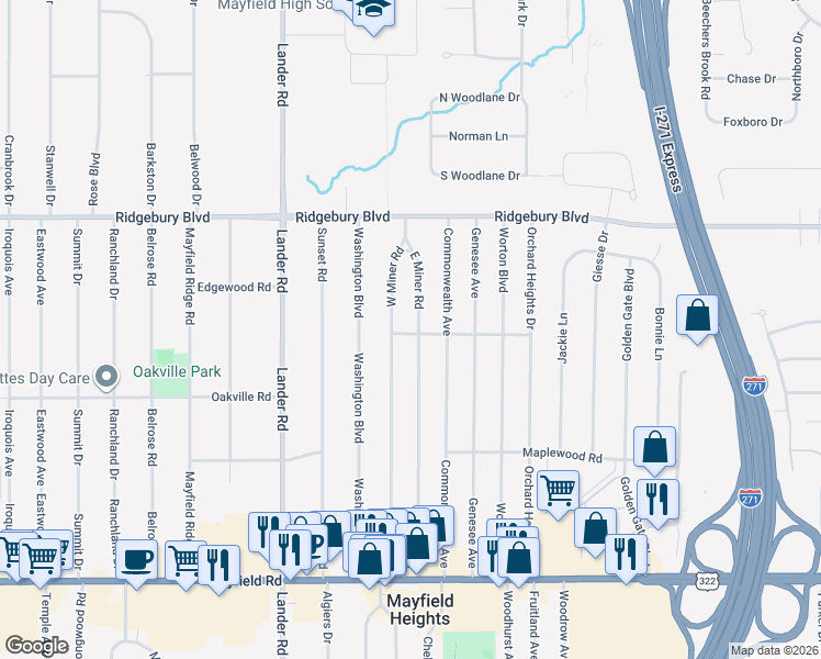 map of restaurants, bars, coffee shops, grocery stores, and more near 1207 East Miner Road in Mayfield Heights