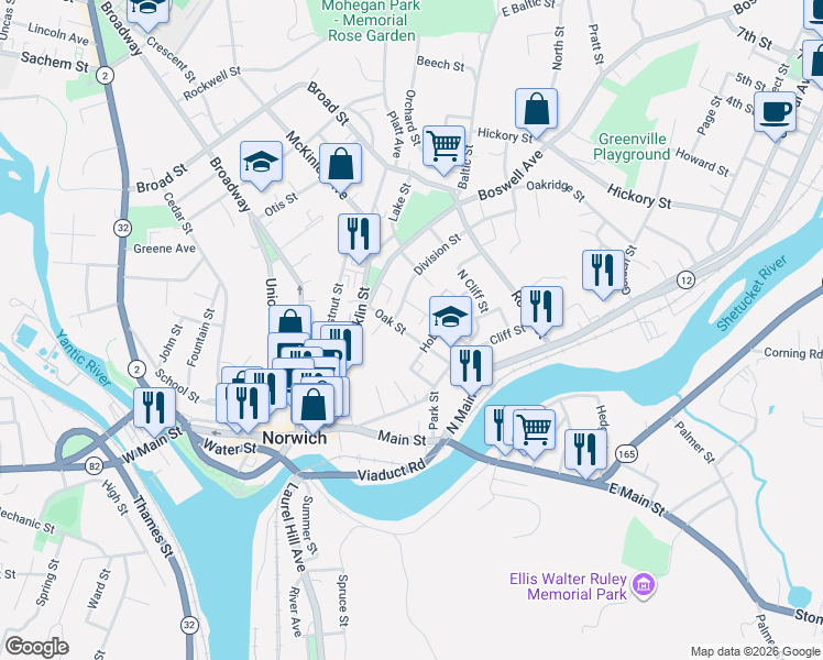 map of restaurants, bars, coffee shops, grocery stores, and more near 44 Oak Street in Norwich