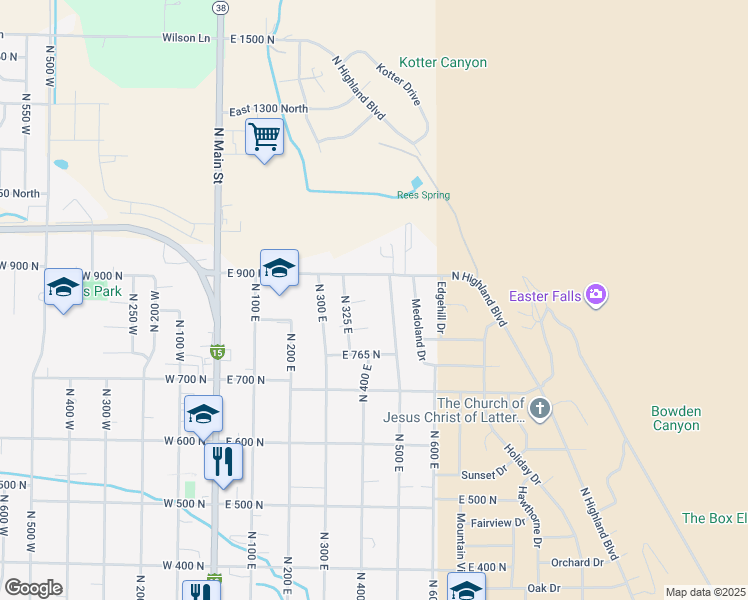 map of restaurants, bars, coffee shops, grocery stores, and more near 408 East 850 North in Brigham City