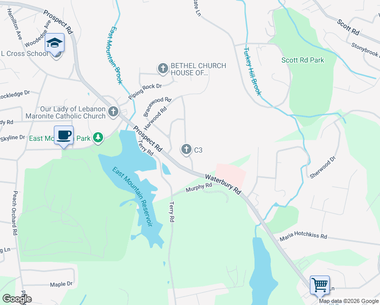 map of restaurants, bars, coffee shops, grocery stores, and more near 48 Bateswood Road in Waterbury