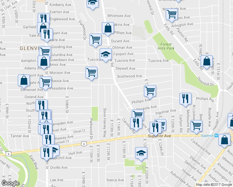map of restaurants, bars, coffee shops, grocery stores, and more near 1108 East 114th Street in Cleveland