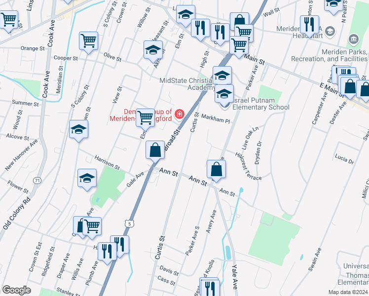 map of restaurants, bars, coffee shops, grocery stores, and more near 131 Curtis Street in Meriden