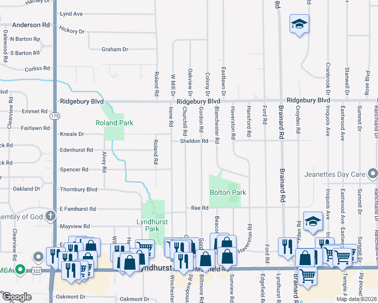 map of restaurants, bars, coffee shops, grocery stores, and more near 1199 Churchill Road in Lyndhurst