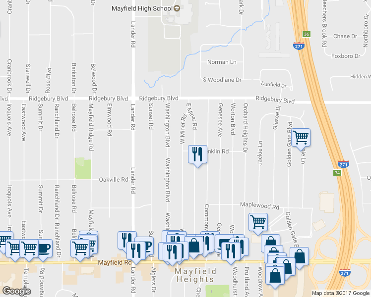 map of restaurants, bars, coffee shops, grocery stores, and more near 1215 West Miner Road in Mayfield Heights