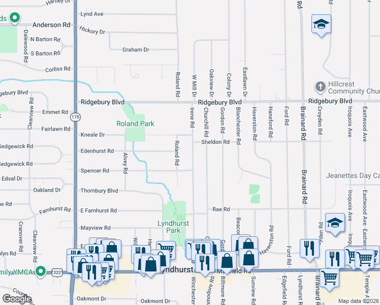 map of restaurants, bars, coffee shops, grocery stores, and more near 1196 Irene Road in Lyndhurst