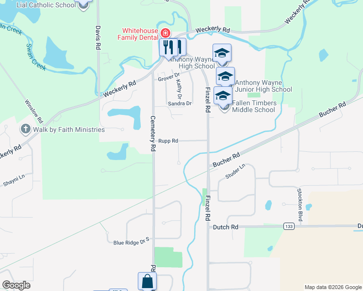 map of restaurants, bars, coffee shops, grocery stores, and more near 10127 Rupp Road in Whitehouse