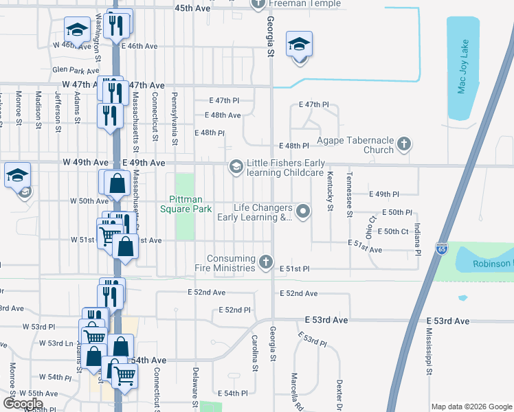 map of restaurants, bars, coffee shops, grocery stores, and more near 5000 Georgia Street in Gary