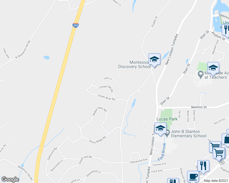 map of restaurants, bars, coffee shops, grocery stores, and more near 11 Lyman Hill Road in Norwich