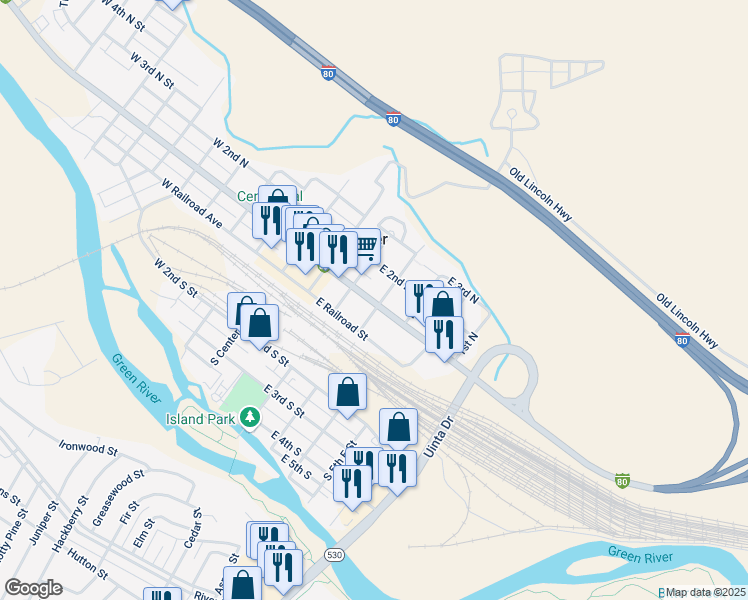 map of restaurants, bars, coffee shops, grocery stores, and more near 101 North 3rd East Street in Green River