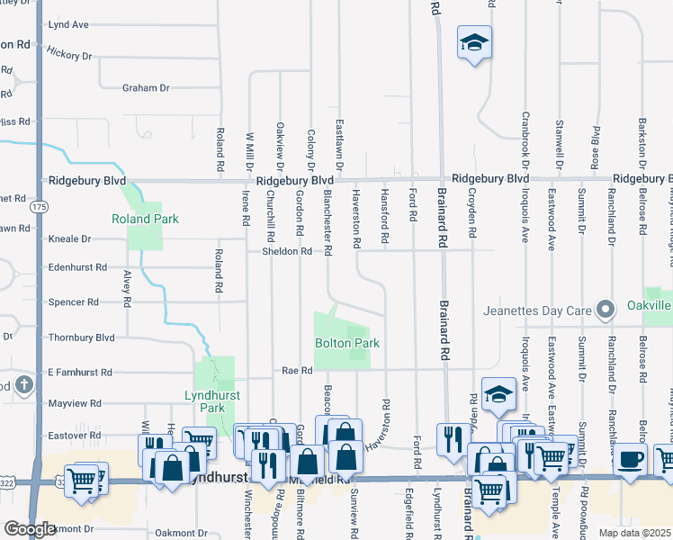 map of restaurants, bars, coffee shops, grocery stores, and more near 1199 Blanchester Road in Lyndhurst