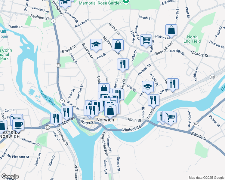 map of restaurants, bars, coffee shops, grocery stores, and more near 64 Chestnut Street in Norwich