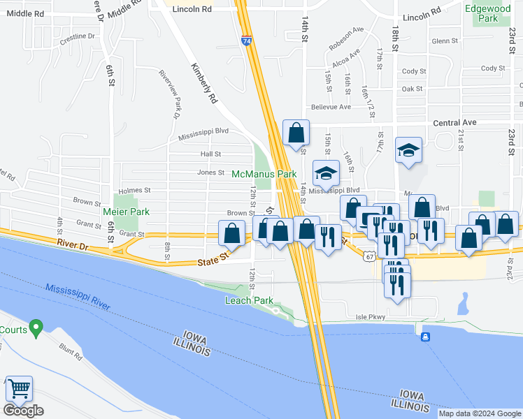 map of restaurants, bars, coffee shops, grocery stores, and more near 1216 Brown Street in Bettendorf