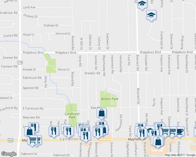 map of restaurants, bars, coffee shops, grocery stores, and more near 1199 Gordon Road in Lyndhurst