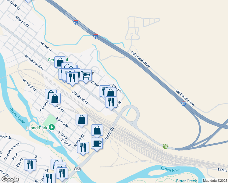 map of restaurants, bars, coffee shops, grocery stores, and more near 257 North 5th East Street in Green River