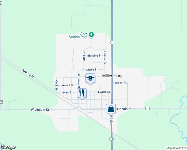 map of restaurants, bars, coffee shops, grocery stores, and more near 203 Elm Street in Millersburg