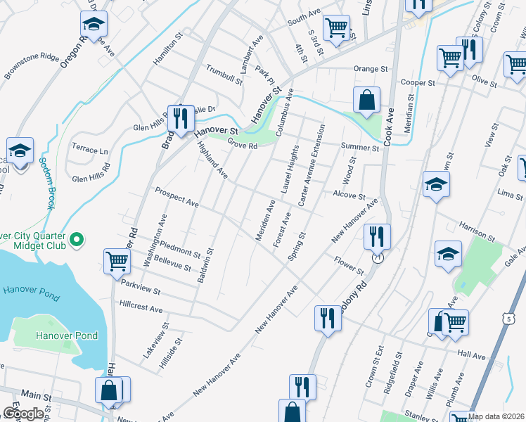 map of restaurants, bars, coffee shops, grocery stores, and more near 23 Meriden Avenue in Meriden