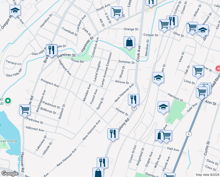 map of restaurants, bars, coffee shops, grocery stores, and more near 182 Spring Street in Meriden