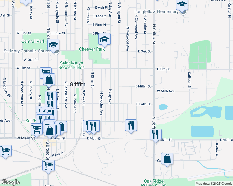 map of restaurants, bars, coffee shops, grocery stores, and more near 330 North Arbogast Street in Griffith