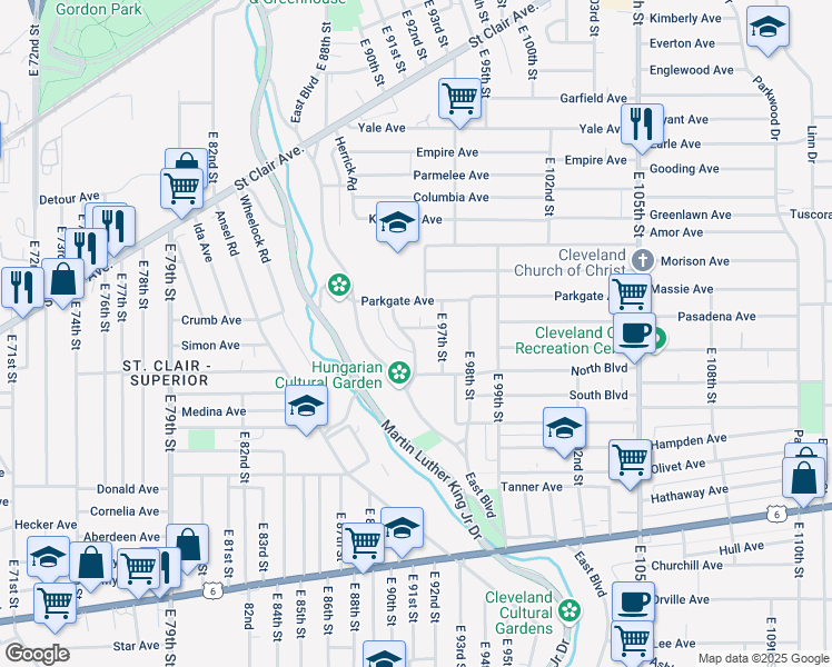map of restaurants, bars, coffee shops, grocery stores, and more near 1079 Parkside Road in Cleveland