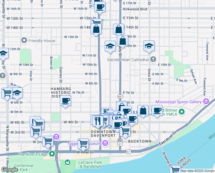 map of restaurants, bars, coffee shops, grocery stores, and more near 724 North Main Street in Davenport