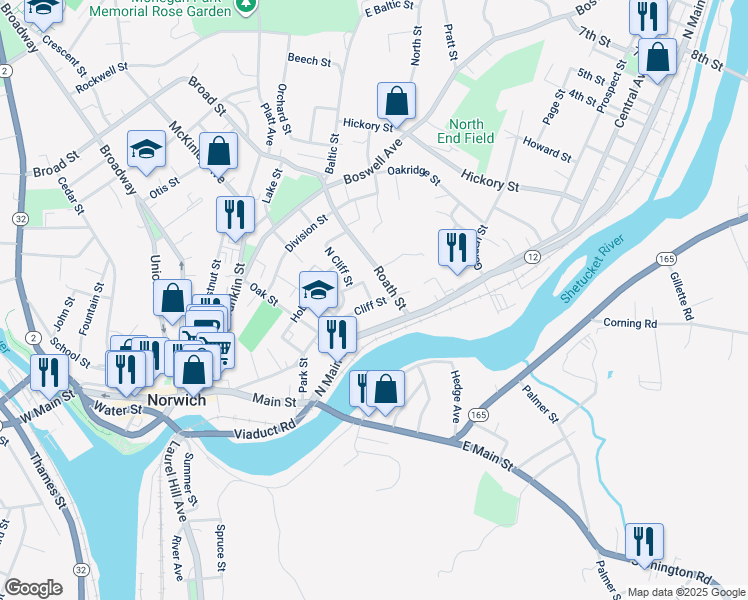 map of restaurants, bars, coffee shops, grocery stores, and more near 162 Cliff Street in Norwich