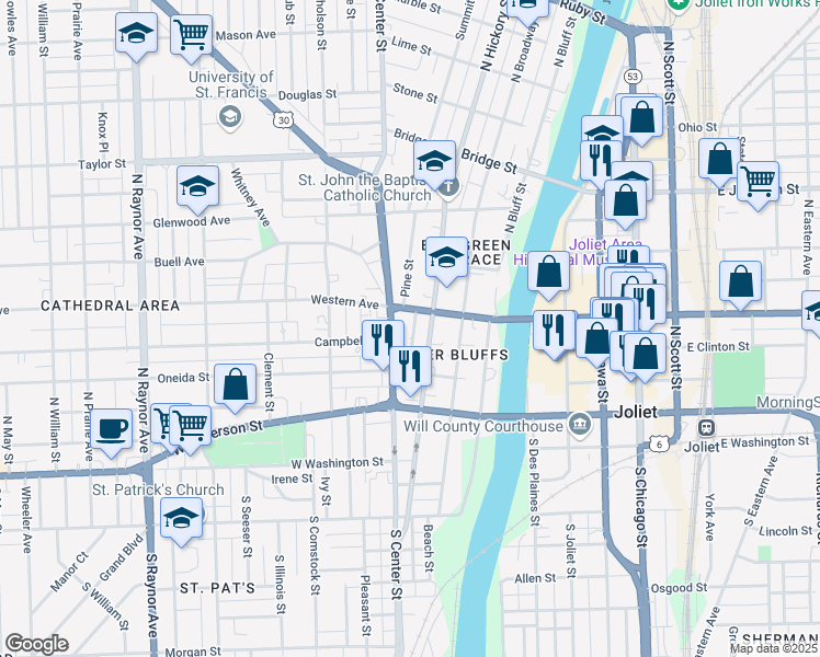 map of restaurants, bars, coffee shops, grocery stores, and more near 217 Pine Street in Joliet