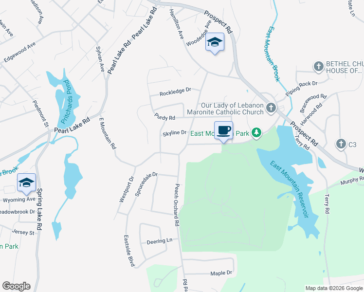 map of restaurants, bars, coffee shops, grocery stores, and more near 188 Peach Orchard Road in Waterbury
