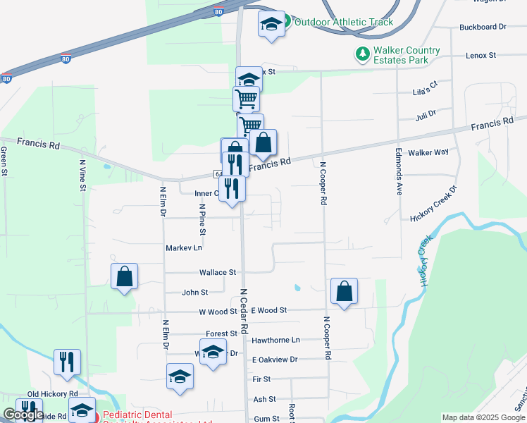 map of restaurants, bars, coffee shops, grocery stores, and more near 1227 Town Crest Drive in New Lenox