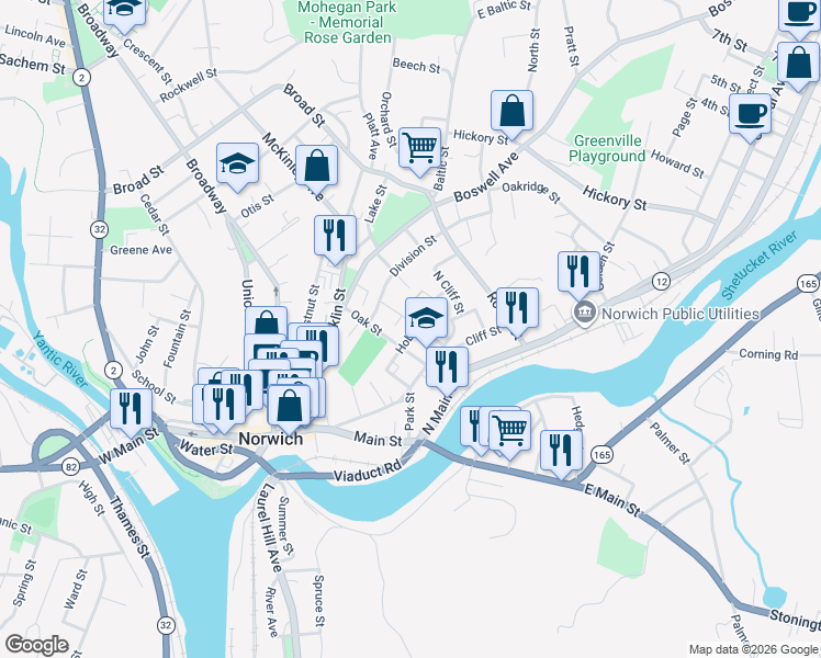 map of restaurants, bars, coffee shops, grocery stores, and more near 62 Hobart Avenue in Norwich